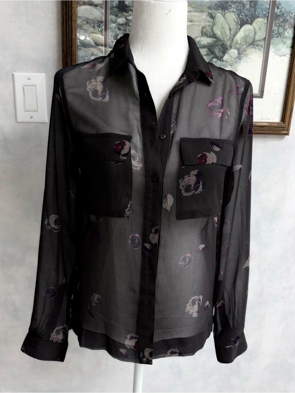 Elegant Sheer Black Floral Long Sleeve Blouse. Wear with a Black Camisole!